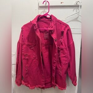 Vibrant Red Cotton Jacket with Frayed Edges